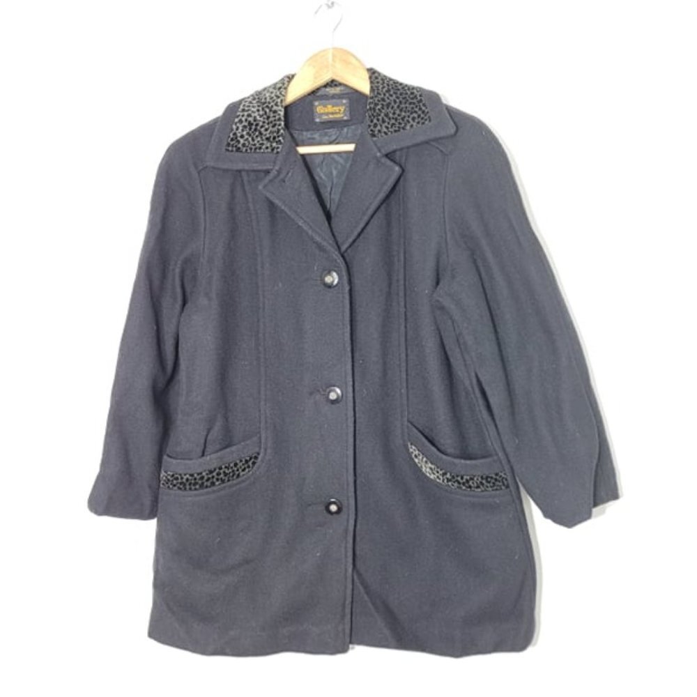 Gallery Vintage Black Button-Down Retro Wool Blend Leopard Print Collar Jacket